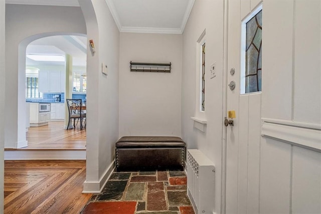 6403 Beacon St, Squirrel Hill, PA 15217 - doorway to outside featuring arched walkways and crown molding