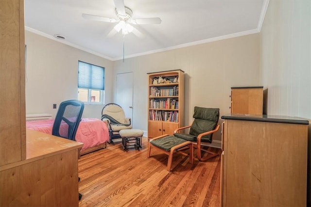 6403 Beacon St, Squirrel Hill, PA 15217 - office area featuring wood finished floors, ceiling fan, ornamental molding, and a baseboard radiator