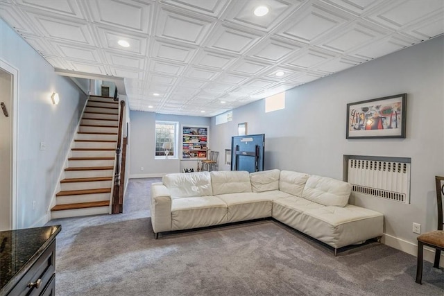6403 Beacon St, Squirrel Hill, PA 15217 - carpeted living area with radiator, stairway, an ornate ceiling, and recessed lighting