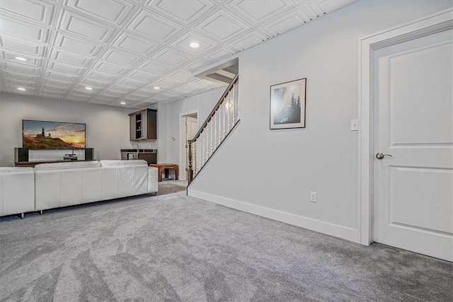 6403 Beacon St, Squirrel Hill, PA 15217 - living area featuring stairs, an ornate ceiling, carpet floors, and recessed lighting