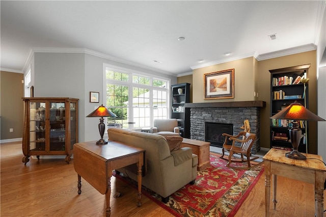 517 Altmyer Fields Ln, Marshall, PA 15090 - living area featuring wood finished floors, ornamental molding, and a stone fireplace