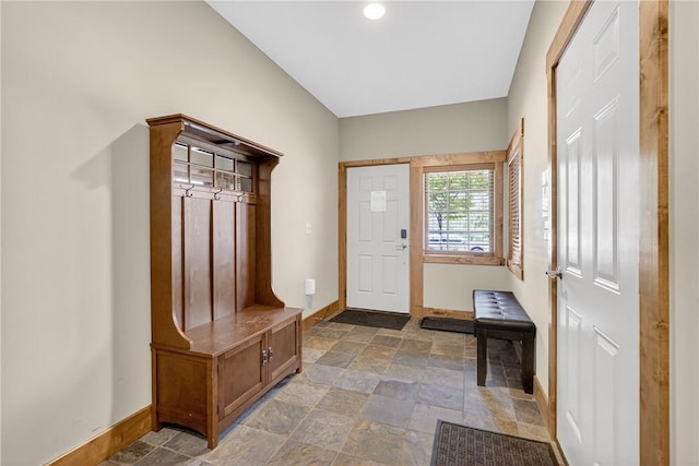 116 Lakeside Trl, Seven Springs Resort, PA 15622 - mudroom featuring baseboards and stone finish flooring
