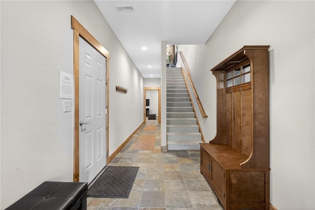 116 Lakeside Trl, Seven Springs Resort, PA 15622 - entryway featuring stone tile flooring, stairs, and recessed lighting