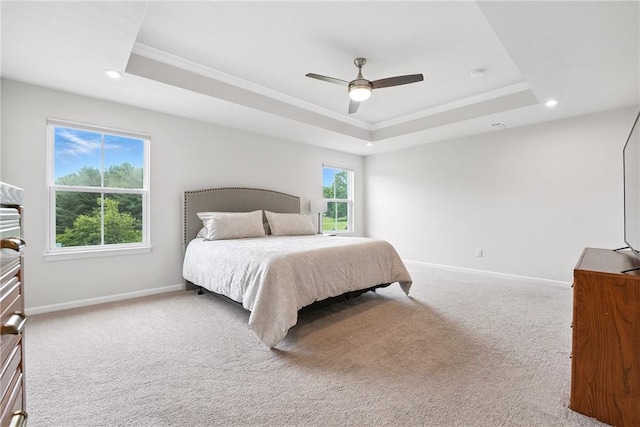 3049 Eagle Ridge Dr, Middlesex Twp, PA 16059 - bedroom with crown molding, a raised ceiling, recessed lighting, carpet floors, and ceiling fan