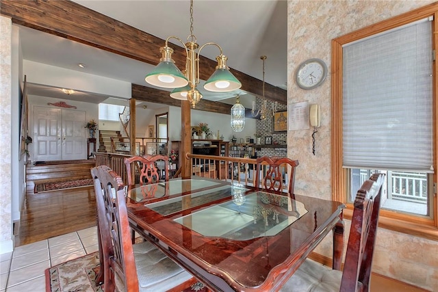 410 Lorenzo Ln, Hempfield Twp, PA 15642 - tiled dining space with stairs and beamed ceiling