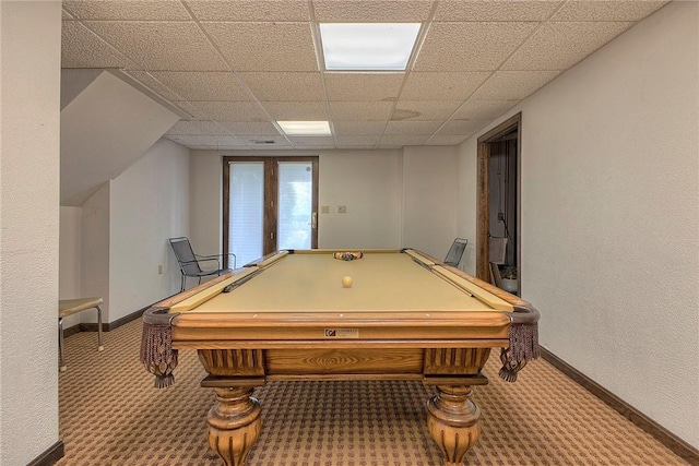 410 Lorenzo Ln, Hempfield Twp, PA 15642 - rec room featuring a drop ceiling, billiards table, and carpet
