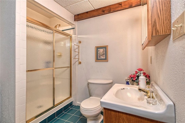 410 Lorenzo Ln, Hempfield Twp, PA 15642 - full bath featuring a shower stall, tile patterned flooring, vanity, and a textured wall