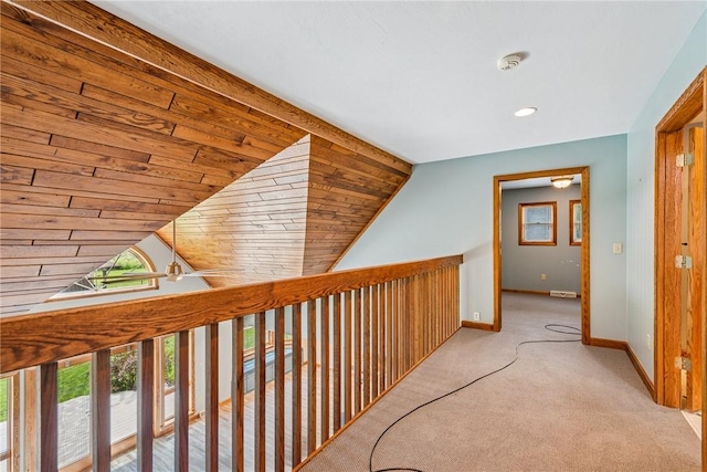 409 Park Rd, Bullskin Twp, PA 15683 - corridor with vaulted ceiling, carpet, wooden ceiling, and recessed lighting