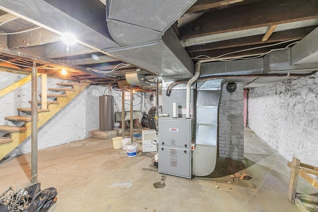 1104 Allegheny St, New Brighton, PA 15066 - unfinished below grade area featuring water heater, heating unit, and stairs