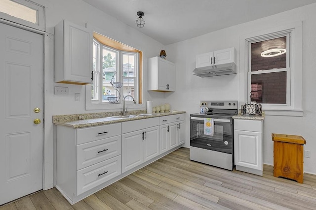 1104 Allegheny St, New Brighton, PA 15066 - kitchen with stainless steel electric range, under cabinet range hood, light wood-style floors, white cabinets, and light stone counters