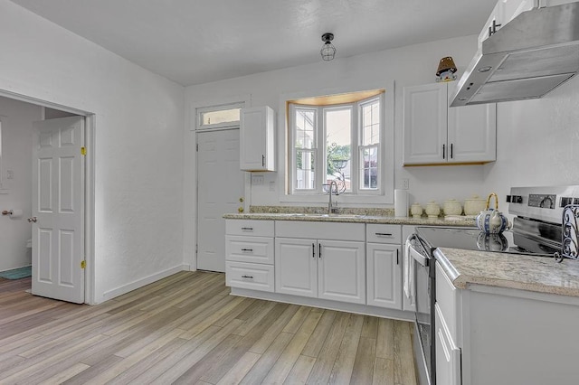 1104 Allegheny St, New Brighton, PA 15066 - kitchen featuring under cabinet range hood, stainless steel electric stove, light wood-type flooring, and white cabinetry