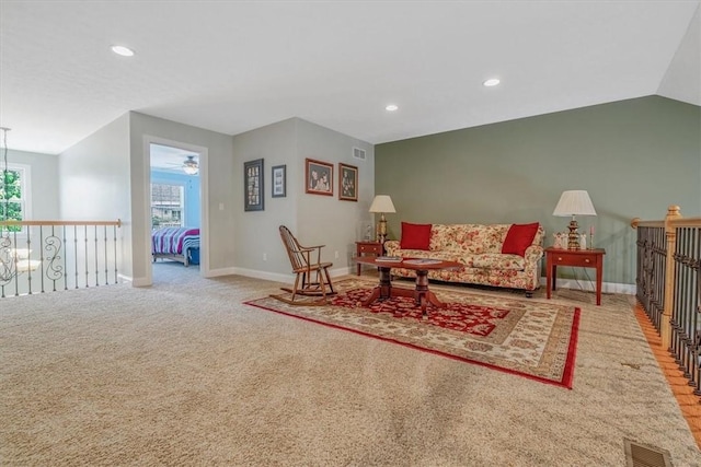1303 Shinnecock Ct, Adams Twp, PA 16046 - living room with recessed lighting, carpet floors, vaulted ceiling, and ceiling fan
