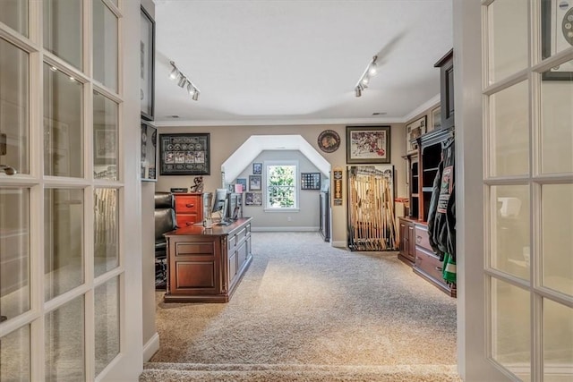 1303 Shinnecock Ct, Adams Twp, PA 16046 - office with rail lighting, french doors, crown molding, and carpet