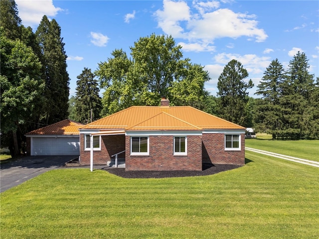 389 Mercer Rd, Hempfield Twp Mer, PA 16125 - single story home featuring brick siding, a front lawn, a detached garage, a metal roof, and a chimney