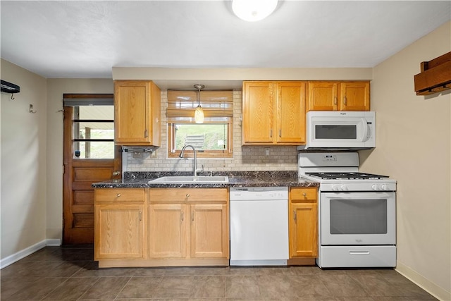 108 Bellanca Ave, Brentwood, PA 15227 - kitchen with white appliances, decorative backsplash, and dark stone countertops