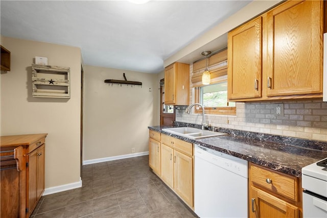 108 Bellanca Ave, Brentwood, PA 15227 - kitchen with white appliances, backsplash, dark tile patterned floors, dark stone countertops, and pendant lighting