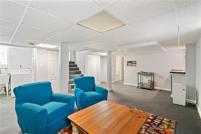 811 Bayridge Ave, Brookline, PA 15226 - living room featuring washer / clothes dryer, a drop ceiling, stairway, and carpet floors