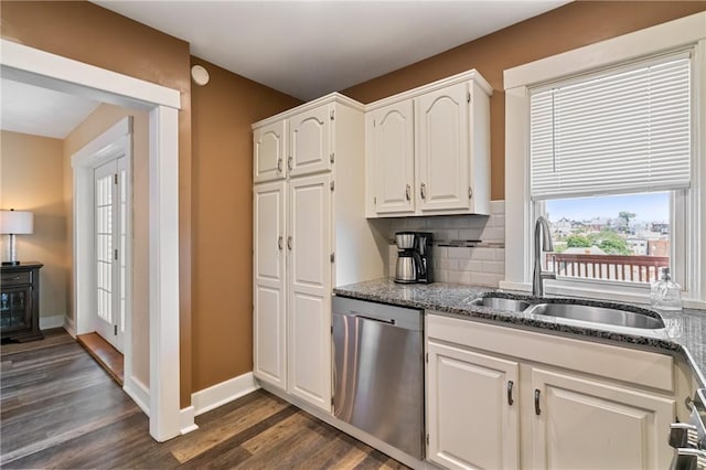 811 Bayridge Ave, Brookline, PA 15226 - kitchen featuring dishwasher, dark stone counters, dark wood-style floors, white cabinetry, and backsplash