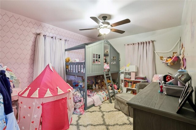 328 Chestnut Dr, Center Twp, PA 16001 - carpeted bedroom with wallpapered walls and a ceiling fan