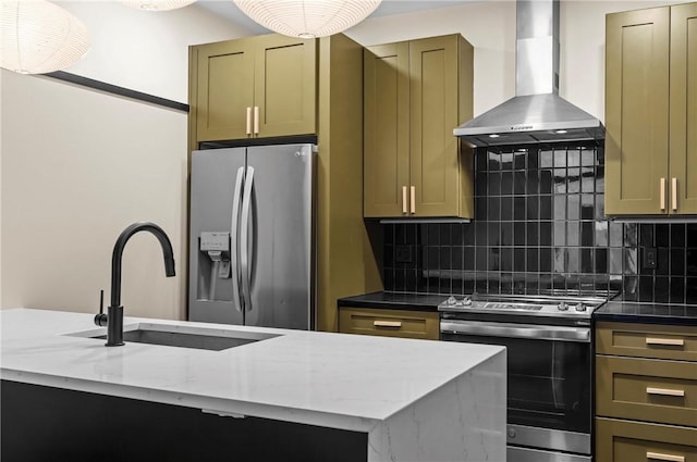 3725 Butler St Unit 306, Lawrenceville, PA 15201 - kitchen featuring wall chimney exhaust hood, appliances with stainless steel finishes, dark stone countertops, and tasteful backsplash
