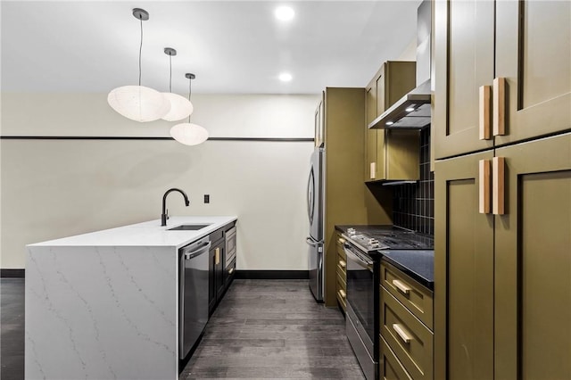 3725 Butler St Unit 306, Lawrenceville, PA 15201 - kitchen with stainless steel appliances, wall chimney exhaust hood, a peninsula, dark wood-type flooring, and stone countertops