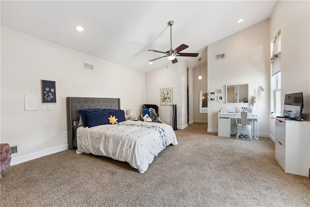 21 Enon Way S, Side, PA 15203 - carpeted bedroom featuring an office area, high vaulted ceiling, ceiling fan, and recessed lighting