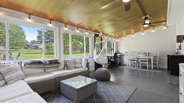 8609 Peters Rd, Cranberry Twp, PA 16066 - sunroom / solarium with track lighting, wooden ceiling, and speckle patterned floor