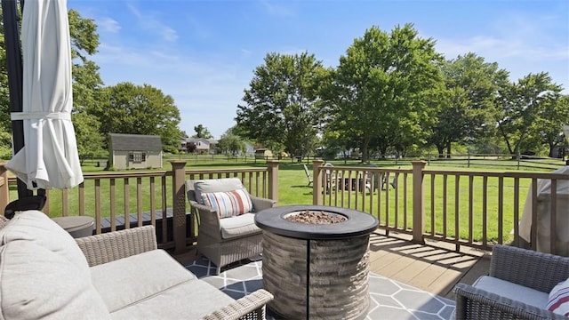 8609 Peters Rd, Cranberry Twp, PA 16066 - wooden terrace featuring a storage shed and an outdoor living space with a fire pit