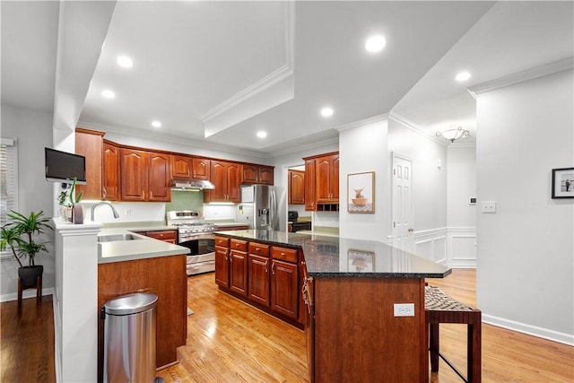3001 Willowbrook Dr, South Fayette, PA 15017 - kitchen featuring appliances with stainless steel finishes, under cabinet range hood, crown molding, a breakfast bar, and a kitchen island