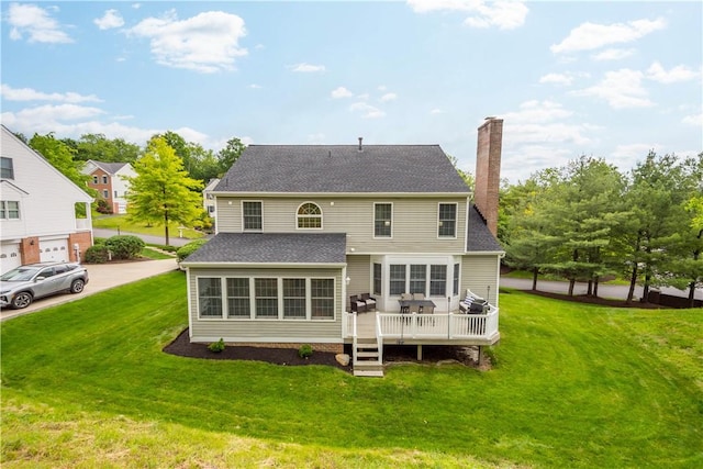 3001 Willowbrook Dr, South Fayette, PA 15017 - rear view of property featuring a wooden deck, a chimney, a yard, and a shingled roof
