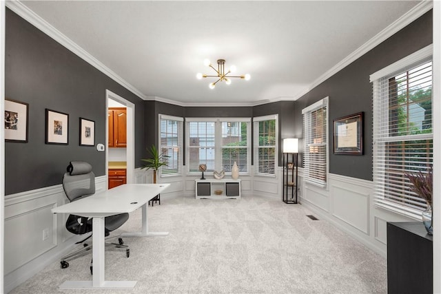 3001 Willowbrook Dr, South Fayette, PA 15017 - home office featuring wainscoting, a decorative wall, crown molding, a chandelier, and light colored carpet