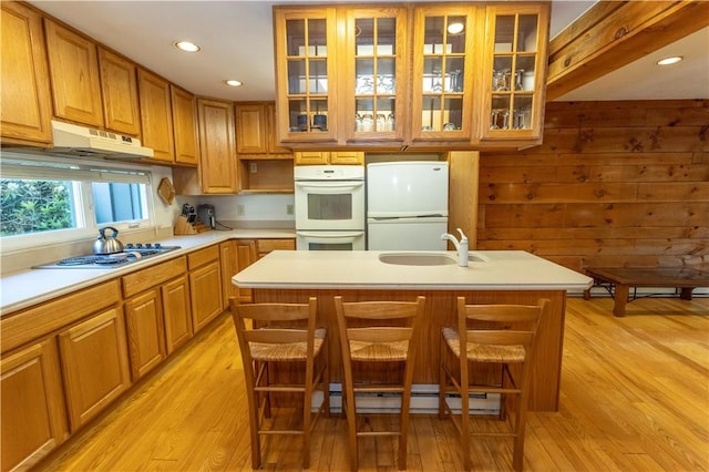 13 Lakeview Dr, Hidden Valley, PA 15502 - kitchen with white appliances, light wood-type flooring, light countertops, a kitchen island with sink, and under cabinet range hood