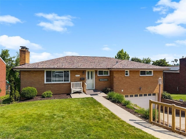 4715 Meadowgreen Dr, Whitehall, PA 15236 - ranch-style house featuring a garage, a chimney, a front lawn, and brick siding