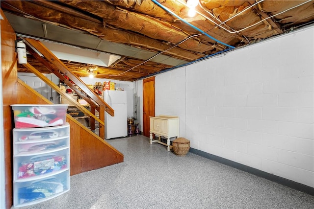 6826 Church Ave, Ben Avon, PA 15202 - unfinished below grade area with freestanding refrigerator, stairs, and concrete block wall
