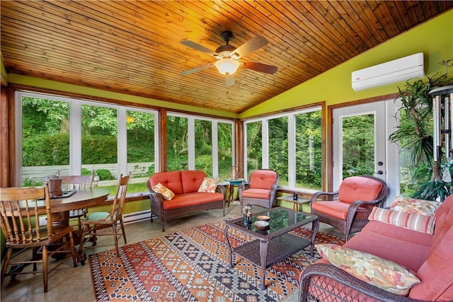 6826 Church Ave, Ben Avon, PA 15202 - sunroom / solarium featuring a wall mounted air conditioner, lofted ceiling, an outdoor hangout area, a ceiling fan, and french doors