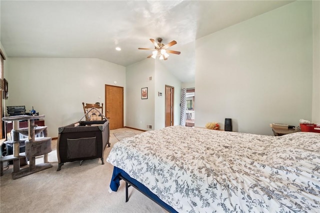 128 Honey Suckle Ln, Unity Twp, PA 15601 - bedroom with light carpet, lofted ceiling, and ceiling fan