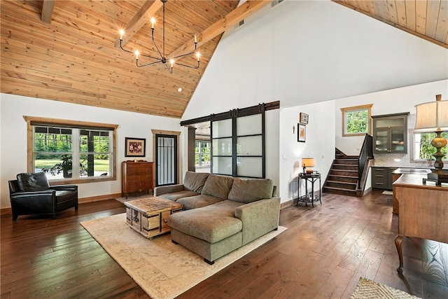 50 Hawes Rd, Wharton Twp, PA 15437 - living room with a wood ceiling with exposed beams, high vaulted ceiling, dark wood-type flooring, a chandelier, and stairs