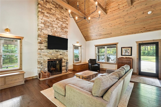 50 Hawes Rd, Wharton Twp, PA 15437 - living room featuring high vaulted ceiling, a wooden ceiling with exposed beams, healthy amount of natural light, dark wood-style flooring, and a stone fireplace