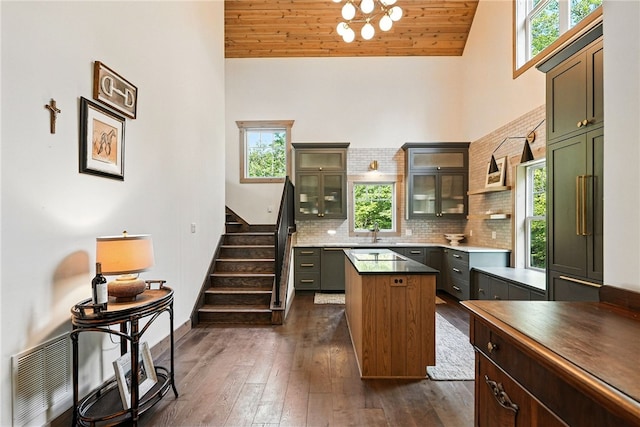 50 Hawes Rd, Wharton Twp, PA 15437 - kitchen featuring a kitchen island, plenty of natural light, high vaulted ceiling, dark wood-style floors, and wooden ceiling