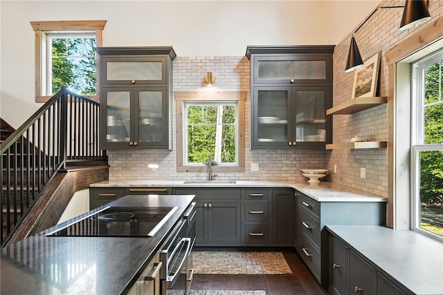 50 Hawes Rd, Wharton Twp, PA 15437 - kitchen featuring black electric cooktop, oven, dark wood-style flooring, tasteful backsplash, and glass insert cabinets