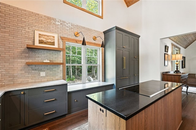 50 Hawes Rd, Wharton Twp, PA 15437 - kitchen featuring dark wood finished floors, high vaulted ceiling, black electric cooktop, a kitchen island, and open shelves