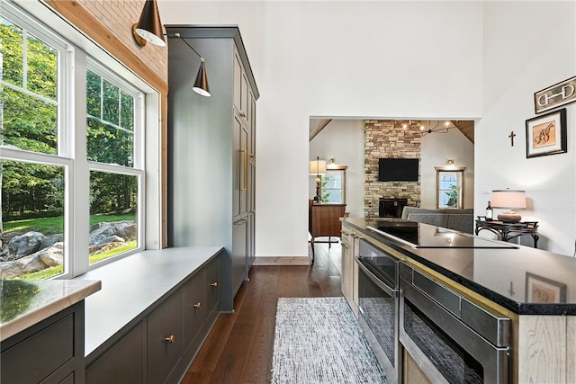 50 Hawes Rd, Wharton Twp, PA 15437 - kitchen with black electric cooktop, healthy amount of natural light, oven, a towering ceiling, and a stone fireplace