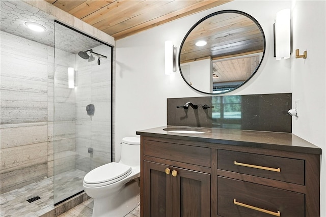 50 Hawes Rd, Wharton Twp, PA 15437 - bathroom with vanity, a tile shower, wood ceiling, and recessed lighting