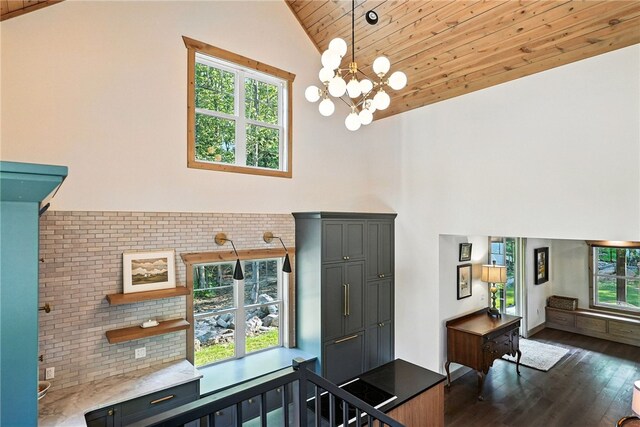 50 Hawes Rd, Wharton Twp, PA 15437 - foyer with high vaulted ceiling, wood ceiling, dark wood finished floors, and a chandelier
