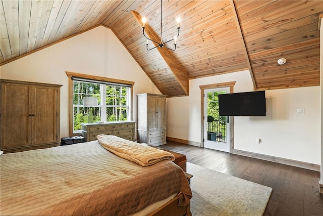 50 Hawes Rd, Wharton Twp, PA 15437 - bedroom with access to exterior, lofted ceiling, wooden ceiling, multiple windows, and dark wood finished floors