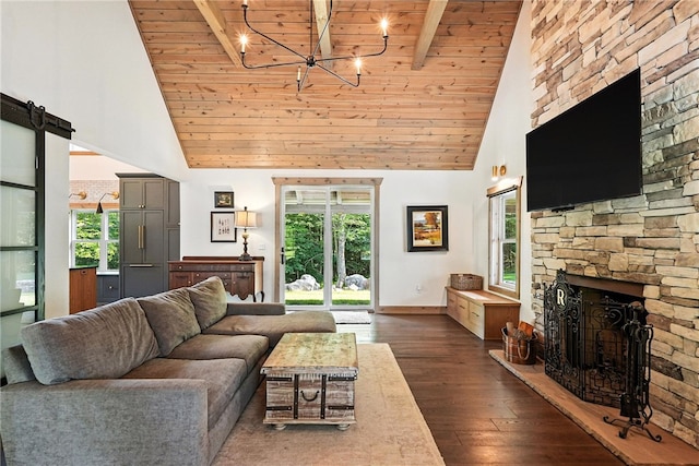 50 Hawes Rd, Wharton Twp, PA 15437 - living room with a wood ceiling with exposed beams, high vaulted ceiling, dark wood-style flooring, a chandelier, and plenty of natural light