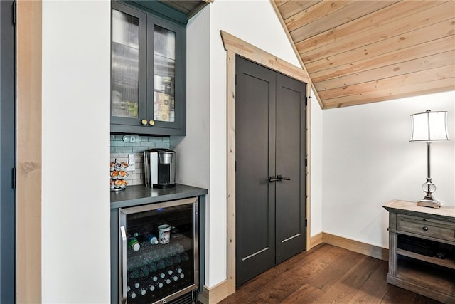 50 Hawes Rd, Wharton Twp, PA 15437 - indoor dry bar featuring wine cooler, lofted ceiling, wooden ceiling, and dark wood-style floors