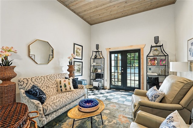 50 Hawes Rd, Wharton Twp, PA 15437 - living room featuring french doors, wood ceiling, and high vaulted ceiling