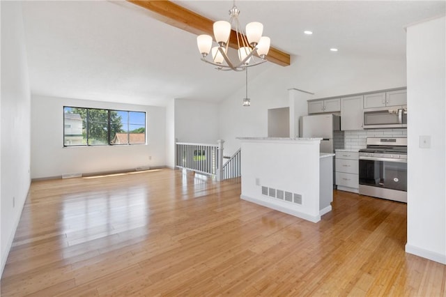 404 Beulah St, Shaler, PA 15209 - unfurnished living room with a chandelier, light wood-style flooring, beamed ceiling, and high vaulted ceiling