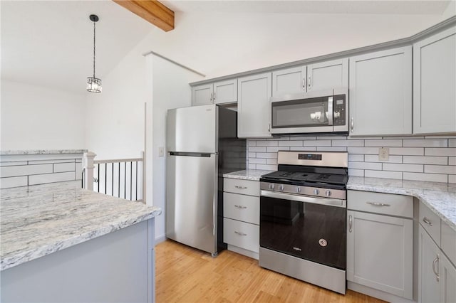 404 Beulah St, Shaler, PA 15209 - kitchen featuring appliances with stainless steel finishes, gray cabinets, backsplash, and light wood-type flooring